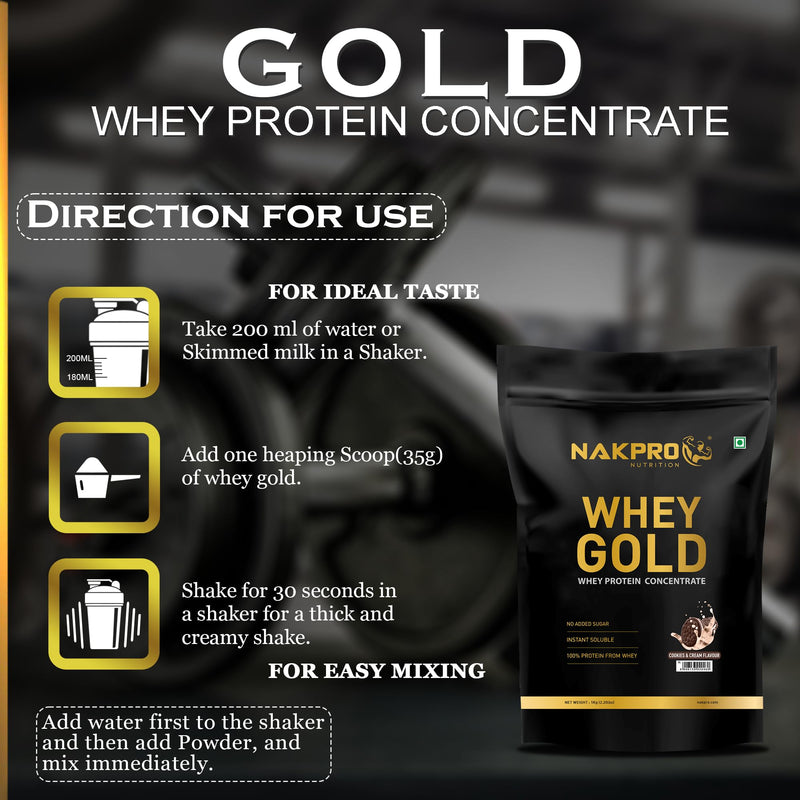 NAKPRO Gold Whey Protein Concentrate | 25.46g Protein, 5.57g BCAA | Muscle Gain, Strength, Muscle Recovery, Fast Absorbing Protein Supplement Powder (1 Kg, Cookies & Cream)