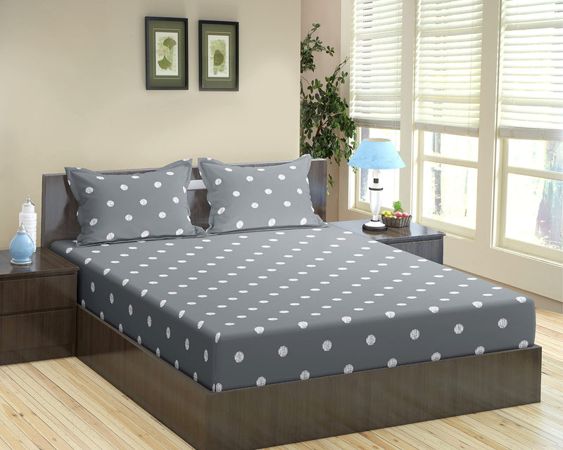 Trance Home Linen 300TC 100% Cotton 78"x60" Standard Queen Size Elastic Fitted Bedsheet | Printed Queen Bed Size Elasticated Fitted Bedsheet with 2 Pillow Covers (Queen 78x60 inch,Grey White Circles)