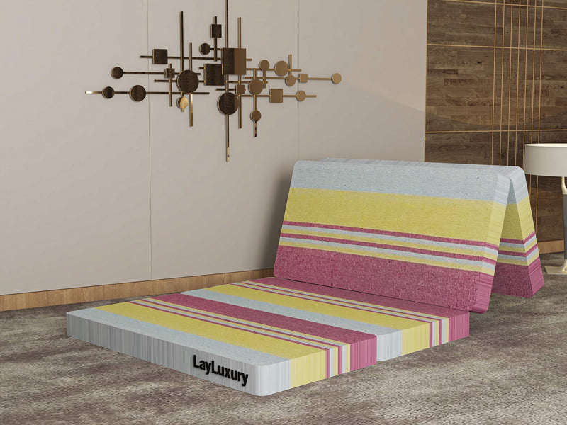 LAYLUXURY Smartbuy Epe 4 Fold Mattress 3 Inch Single Epe Foam Mattress, 2.29 Metres X 1.52 Metres X 7.62 Cm |Yellow Pink