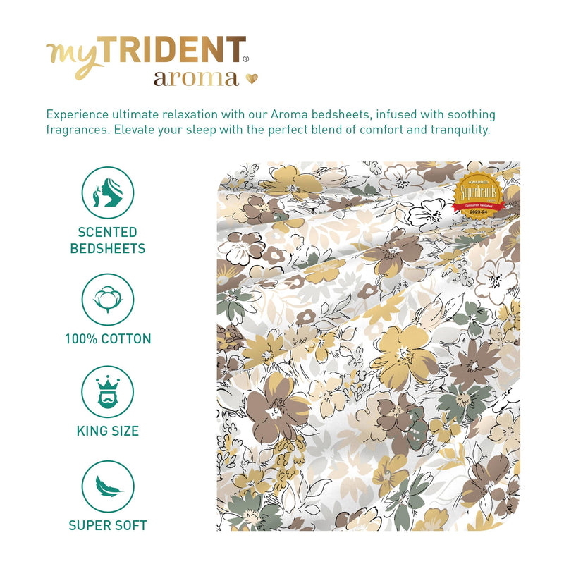 Trident bedsheet Set - Aroma Collection, 100% Cotton Bedsheet for Double Bed (1 King Size Bedsheet with 2 Pillow Covers), Fragrances Added bedsheets, Superior Softness, 144 Thread Count - Vanilla