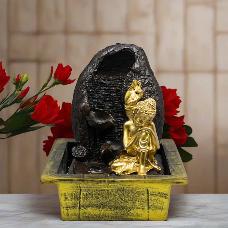 SPLICE Resin Buddha Water Fountain with LED Lights -Decorative Showpiece for Home and Office