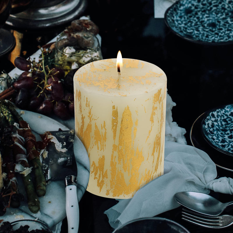 Oceann Gloww Scented White Pillar Candle with Royal Holographic Gold Foil I Dripless I Smokeless I Set of 3 I 3x6 inch I for Home Decor