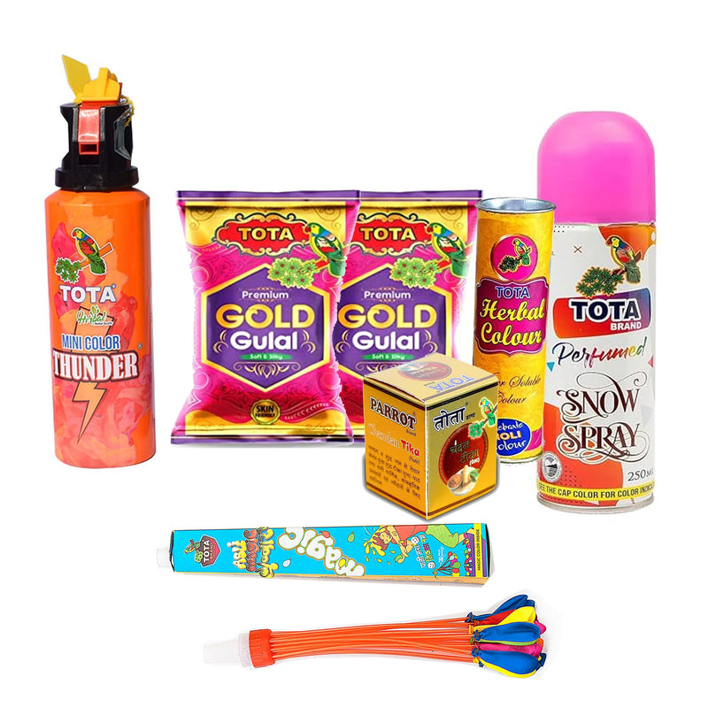 COTTONTEE Holi Festival Combo Gift Pack with Gold Gulal, Thunder Spray, Snow Spray, Herbal Colour, Balloons