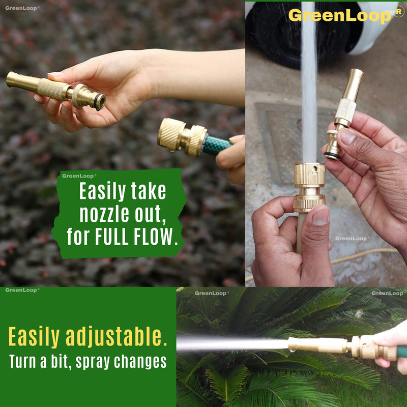 GreenLoop Solid-BRASS Water Spray Nozzle, Adjustable Spray, Connects to Hose, For Garden-Car-Pets-Window-Plants-Washing, Water Jet Spray, High Pressure (Brass, 1 Nozzle+ Removable Connector)