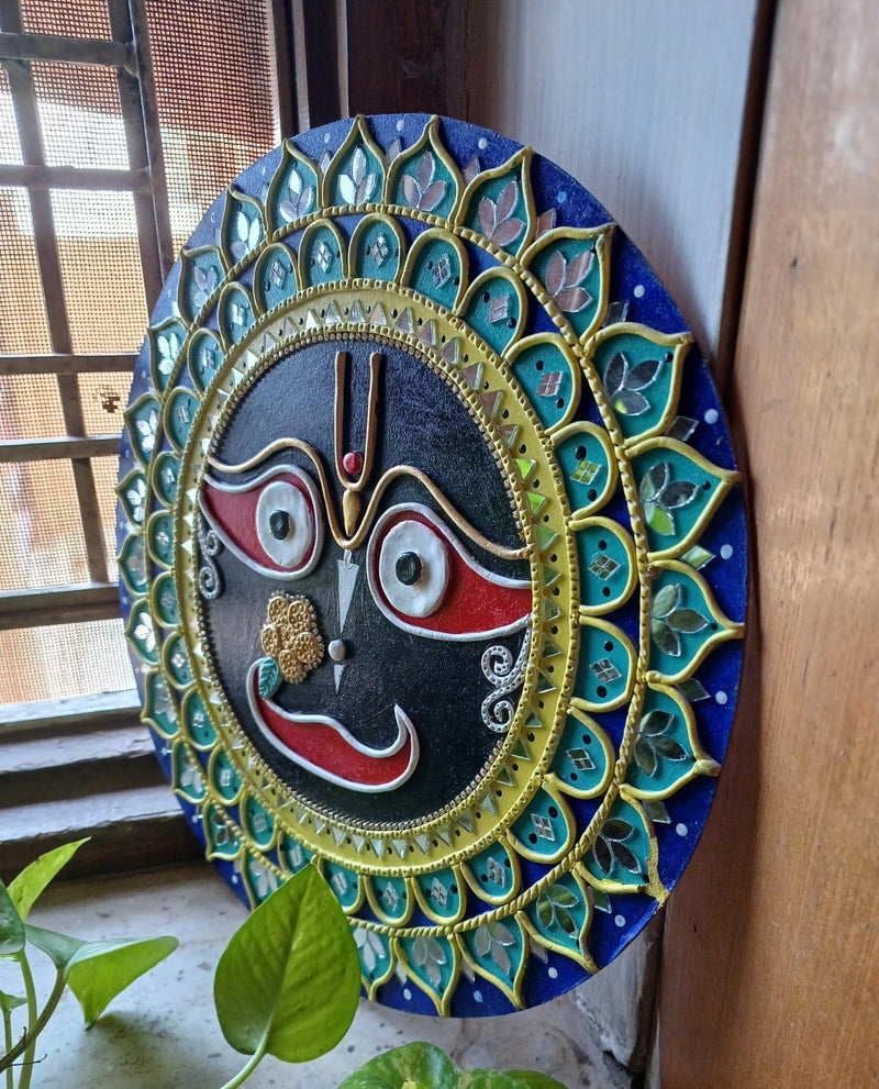 A Majestic Shreenathji Design on MDF Board with Mouldit Clay, Acrylic Paint, Mirrors – 12x12 Decorative Item