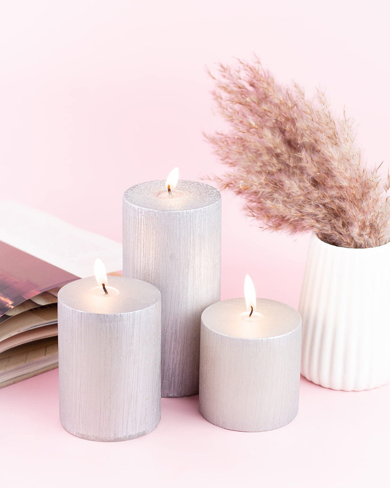 AuraDecor Unscented Pillar Candle Set of 3 (3inch*3inch, 3inch*4inch, 3inch*6inch) || Unscented Candle || Long Burning || Gift Set || Set of 3 Candle || Pillar Candle. (Silver)