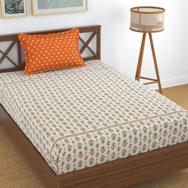 Homefab India 210 TC Glace Cotton Single BedSheet with 1 Pillow Cover - Floral, Orange