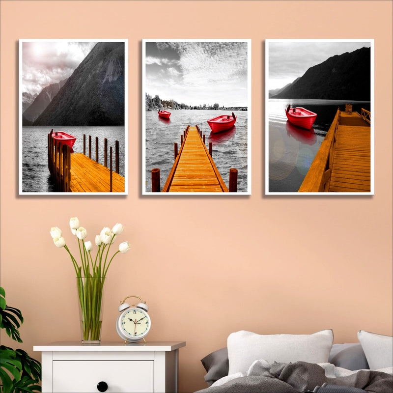 SAF paintings Set of 3 Water Bridge and Boat Modern Art Premium White Frame Painting For Wall Decoration, Bedroom, Paintings For living Room 31.5 inch x 13.5 inch,WHITEMX33589