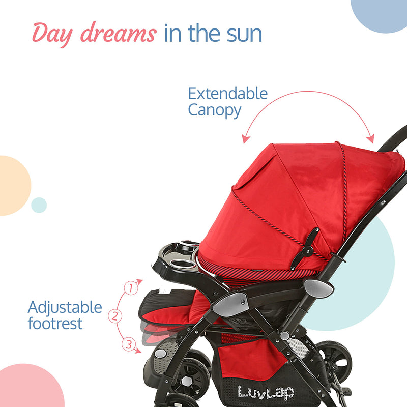 LuvLap Galaxy Baby Stroller, Pram For Baby With 5 Point Safety Harness, Spacious Cushioned Seat With Multi Level Seat Recline, Easy Fold, Lightweight Baby Stroller For 0 To 3 Years (Red & Black)