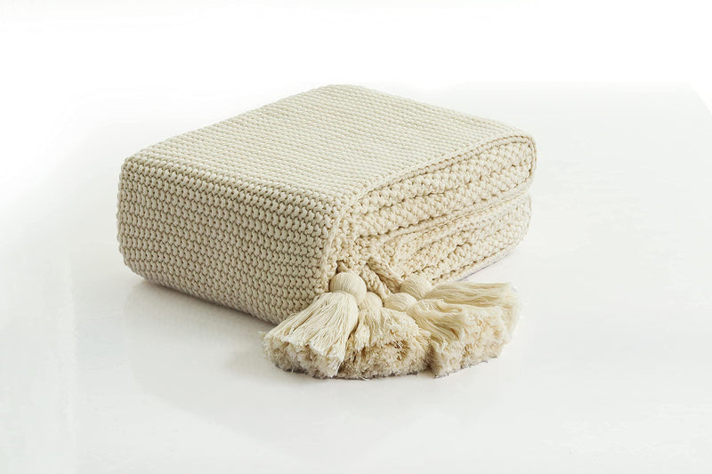 Pluchi Chunky Seed Stitch - Natural Color 100% Cotton Knitted All Season AC Throw Blanket, 125 Cm x 150 Cm