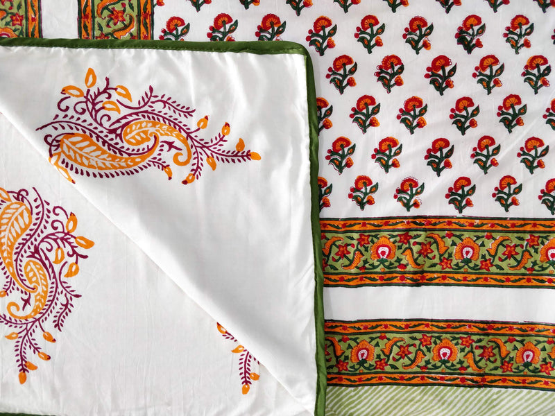 BLOCKS OF INDIA Hand Block Printed Cotton Single Size Reversible Malmal Dohar For Summer (Orange Buti), 300 TC