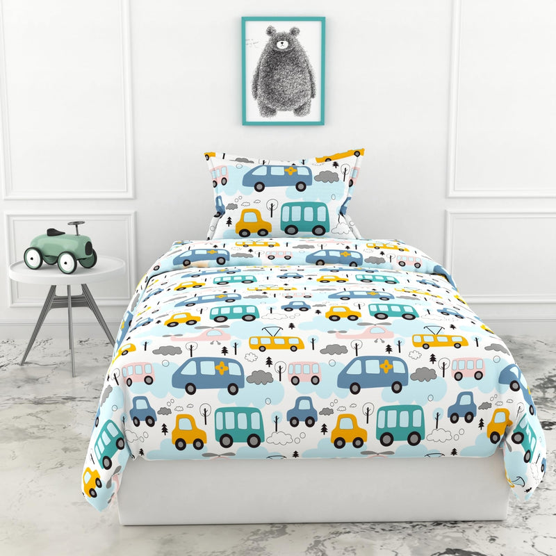 LORETO – A QUALITY LINEN BRAND 100% Cotton Bedsheet for Single Bed, 1 Single Bedsheet with 1 Pillow Cover | 144 TC Kids Single Bedsheet Cotton, Bubblegum Blue Bus & Banana Yellow Cars