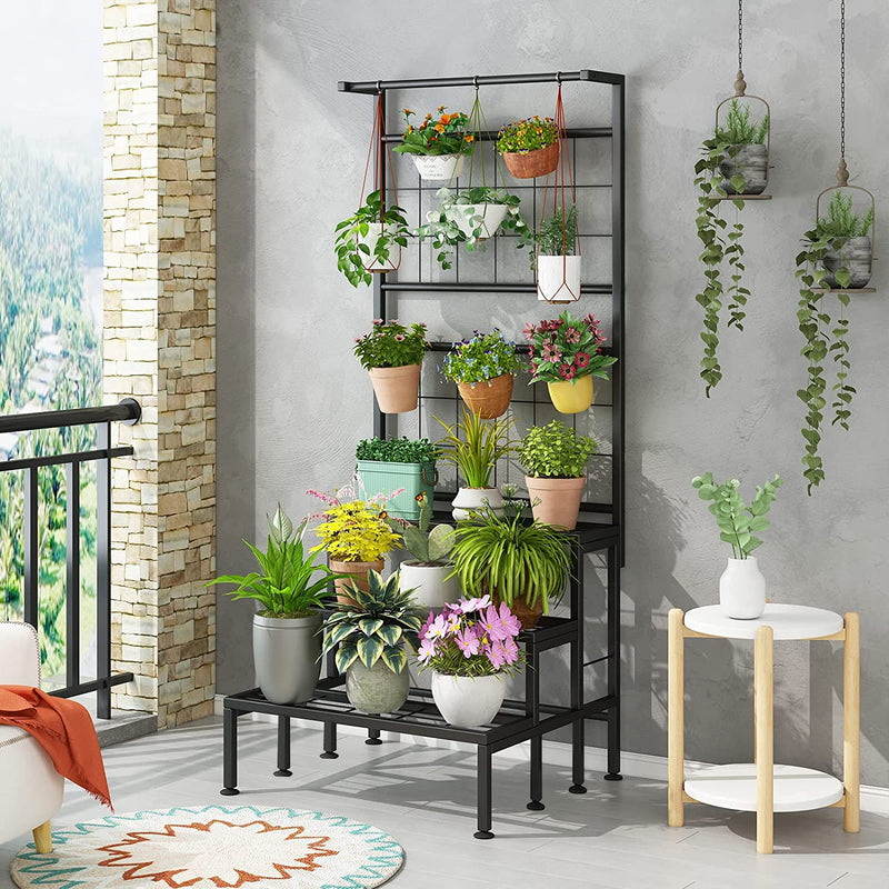 IRON LANDS SOLID 3 TIER Hanging Plant Stand Planter Shelves Flower Pot Organizer Rack Multiple Flower Pot Display Holder Shelf Indoor Outdoor Planter Shelving Unit with Grid Panel