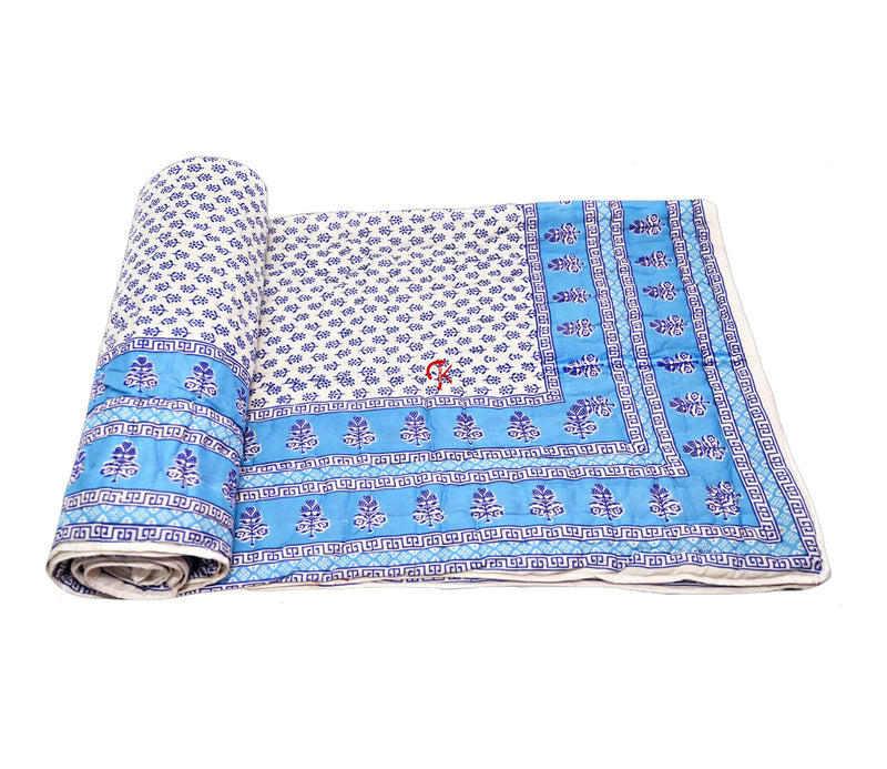 THROW KING Single Bed (Revesible) Rajasthani Organic Cotton Jaipuri Rajai/Razai Blanket Ac Quilt Soft/Cozy Light Weight Rajasthani Traditional Comforter/Dohar/Razai (Blue Pack of-2)