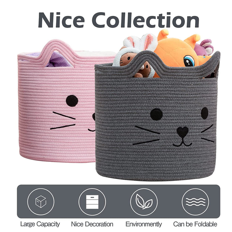 ALBY® Cat Toy Baskets Cotton Rope Animal Baskets Pink Laundry Baskets For Toys, Clothes,Gifts,Towels, Blankets,Pet Bed Pink Laundry Hamper for Organizing Kawaii Laundry Basket 15''x14''