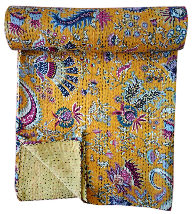 Kirti Textile and Handicraft Jaipuri Kantha Quilt Bird Print Handmade Cotton Bedsheet/Blanket Throw, Multicolour