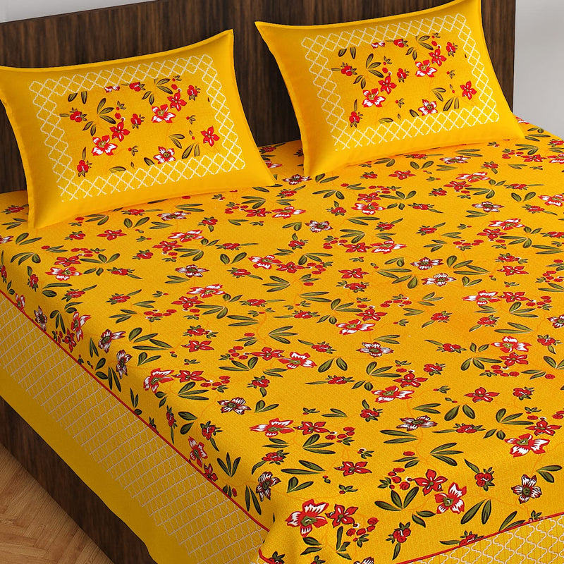 BedZone Cotton Rajasthani Jaipuri Tradition Floral King Size Double Bed Bedsheet with 2 Pillow Covers (B-Yellow)