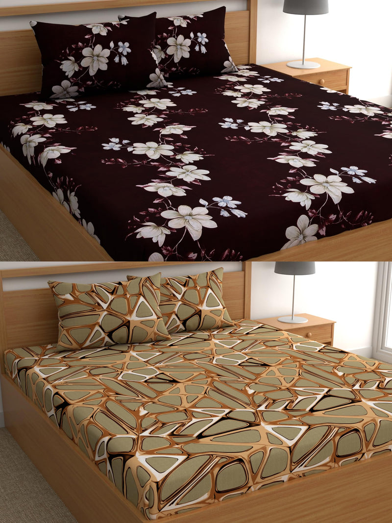 DREAMLET Bedsheet for Double Bed, Double Bedsheet Glace Cotton, Double Bedsheet, Bedsheets Double Bed Size, 160 TC 2 Glace Cotton Bedsheet with 4 Pillow Covers (Brown & Golden)