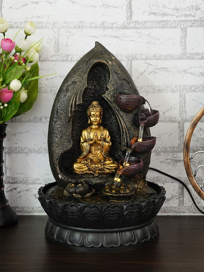 CHRONIKLE Polyresin Golden & Brown Buddha Showing Namaskara Mudra Table Top Home Decor 4 Designer Steps Water Fountain with Speed Controller Pump & LED (Size: 40 x 25 x 25CM | Weight: 2020 Gram)