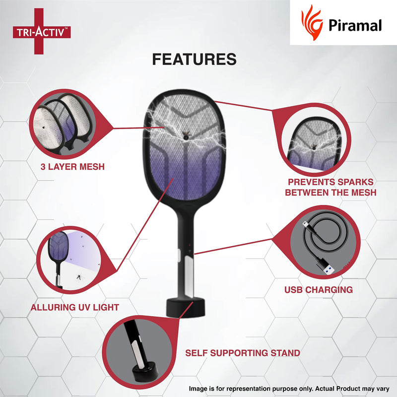 Tri-Activ Mosquito Racket I 2-in-1 Rechargable Bat + Zapper by Piramal I UV Light & Self-Supporting Stand I Insect Killer & Fly Swatter I 1200 mAh Li-ion Battery (Black)