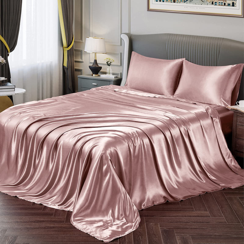 Vonty Satin Sheets Queen Size Silky Soft Satin Bed Sheets Pink Champange Satin Sheet Set, 1 Deep Pocket Fitted Sheet + 1 Flat Sheet + 2 Pillowcases