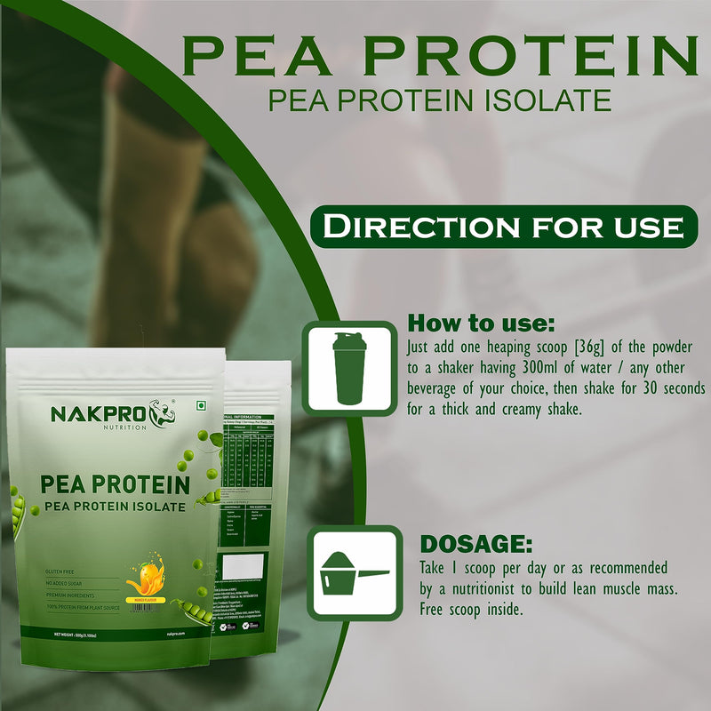 NAKPRO 100% Pea Protein Isolate | 26.03g Protein, 4.94g BCAA | Plant-Based Vegan Protein Powder | Added Minerals, Non GMOs & Vegan Friendly for Muscle Gain and Recovery (Mango, 500g)