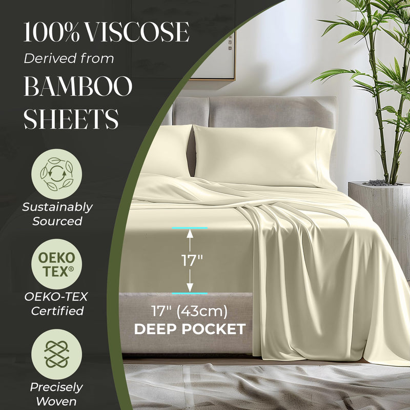 DECOLURE 100% Organic Viscose Derived from Bamboo Sheets Cal King Size 4pcs - Ultra Soft & Luxuriously Cooling, 17" Deep Pocket, Double Stitching, Perfect for Hot Sleepers - King Bed Sheets (Creme)