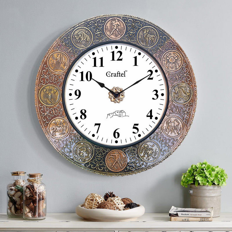 CRAFTEL Brass and Copper Zodiac Rashi English Dial Abstract Wall Clock for Bedroom Living Room and Home (Gold/Copper 18 x 18 inch)