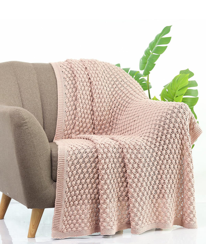 Pluchi Popcorn Knit Cotton Knitted Throw/Blanket for Round The Year Use (125cm X 150cm) (Cameo Pink)