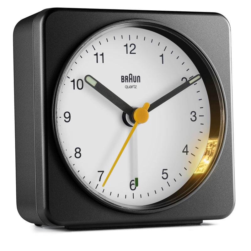 Braun Classic Analogue Alarm Clock with Snooze and Light, Quiet Quartz Sweeping Movement, Crescendo Beep Alarm in Black and White, Model BC03BW.