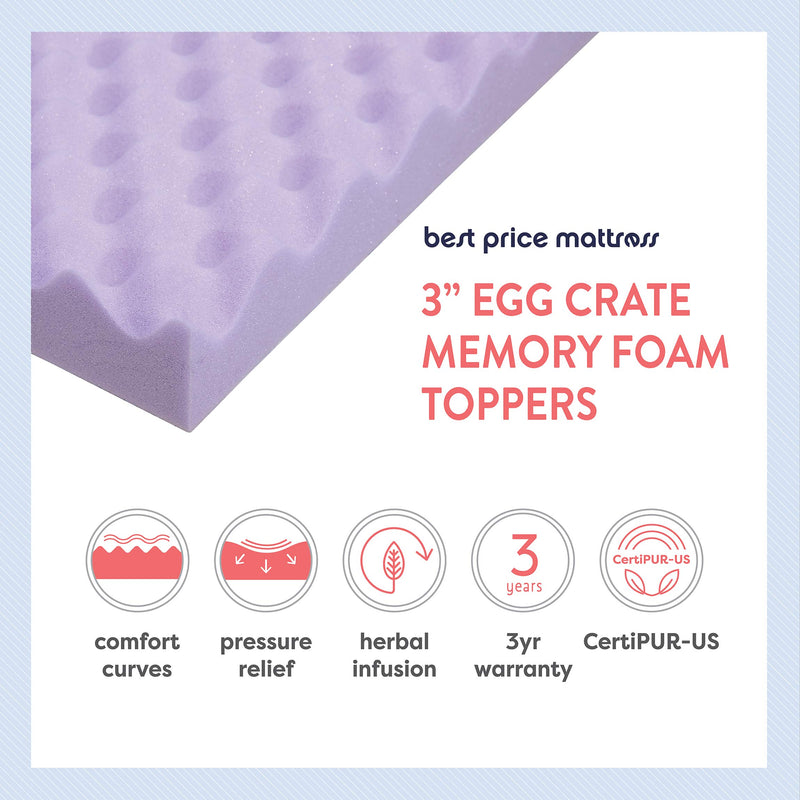 Best Price Mattress 3 Inch Egg Crate Memory Foam Mattress Topper with Soothing Lavender Infusion, CertiPUR-US Certified, Twin