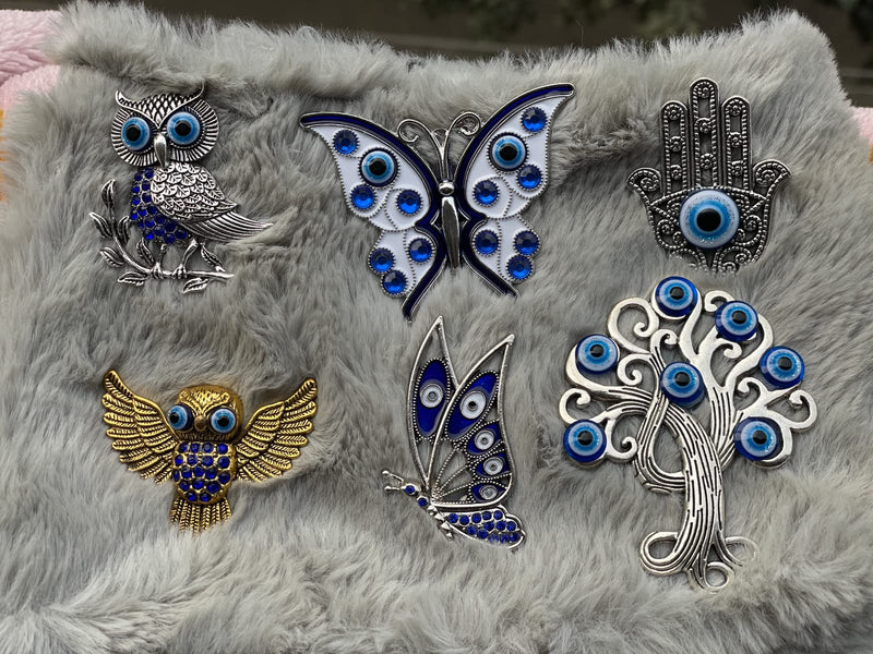 BLUE BEADS Silver Butterfly Turkish Evil Eye Fridge Refrigerator Sticker Magnet - Sign of Good Luck & Protection Unique Souvenir Items Home and Office Decorative Things & Car Accessories