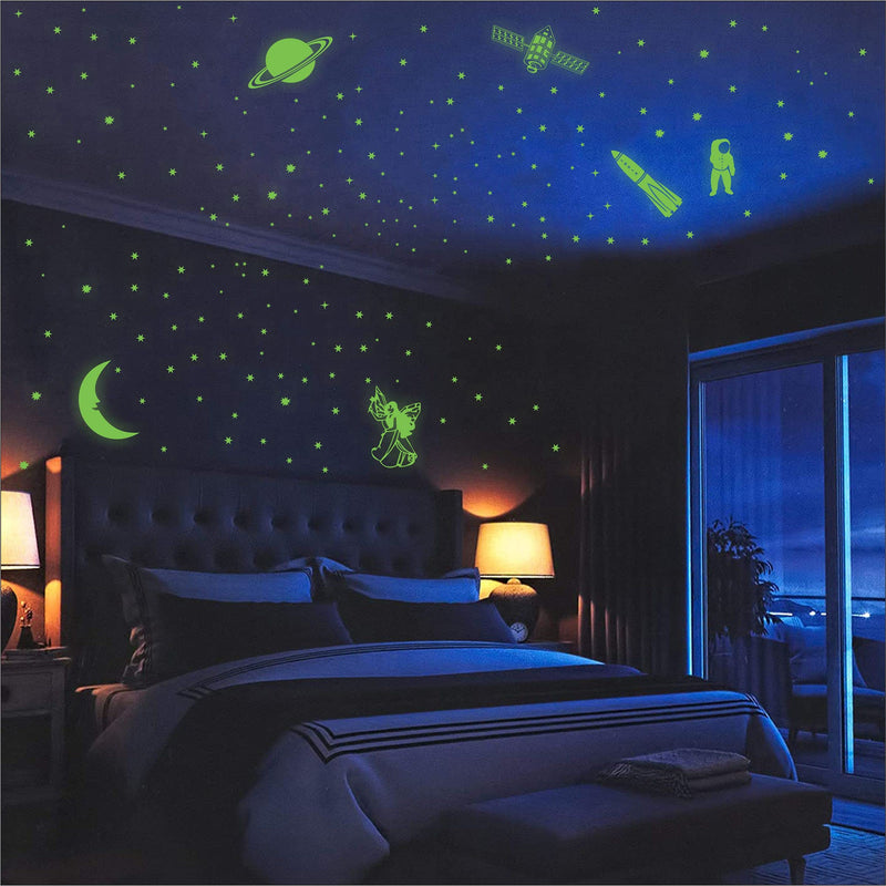 WallDaddy Vinyl Fluorescent Night Glow In The Dark Star Space Wall Self-Adhesive Sticker (Pack Of 134 Stars Big And Small, Green, 12)