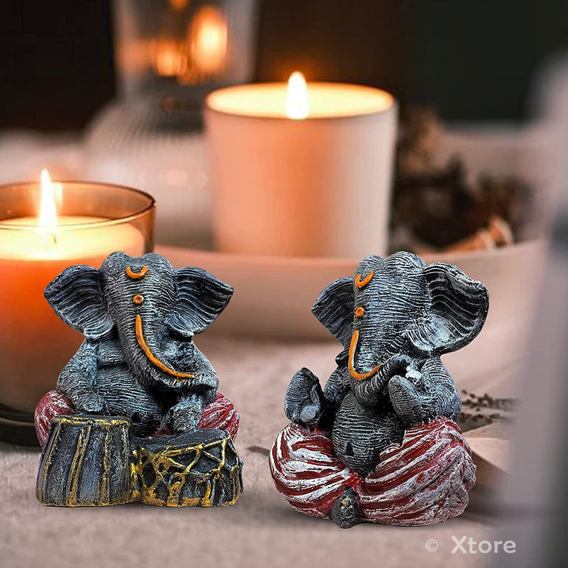 Xtore Beautiful Resin Ganesha Pair for Home Decor | Brings Prosperity - (Grey & Red, Pack of 2)