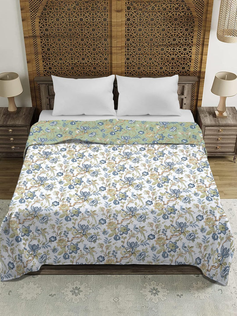 Rajasthan Décor Elegant Green Floral Printed 120 GSM Reversible Cotton Single Bed AC Dohar - Soft and Cozy Lightweight Blanket for All Seasons