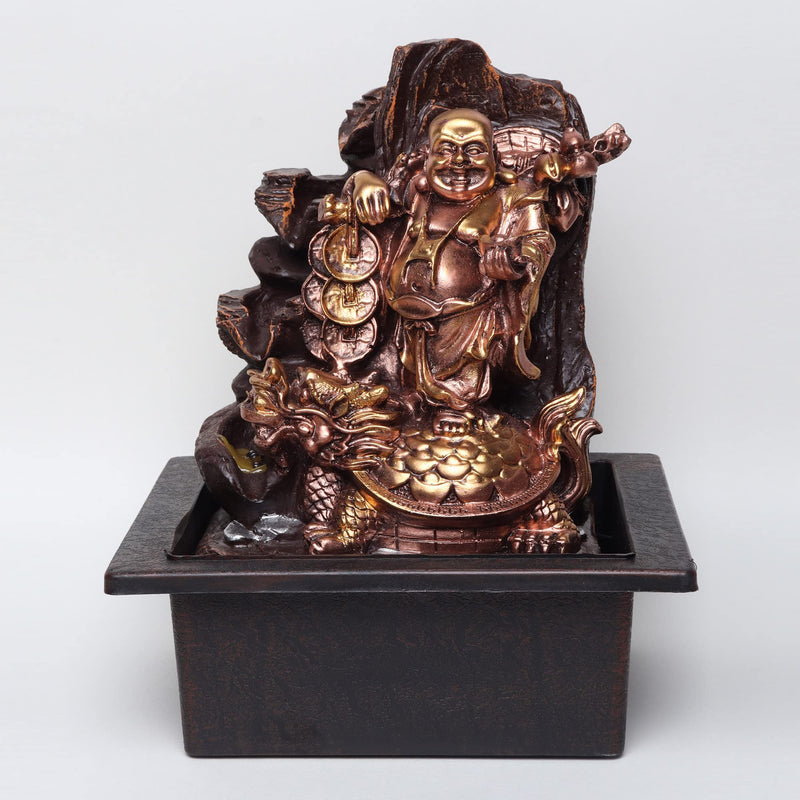 VIVARS Resin Laughing Buddha With Coins And Money Bag Tabletop Waterfall Fountain With Led Light For Indoor Home Office Decor Golden-Brown