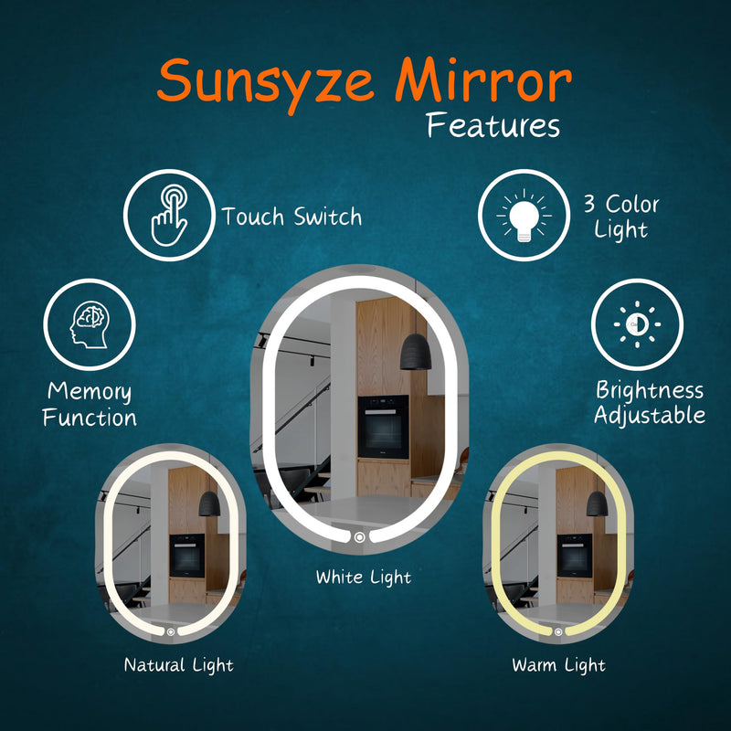 Sunsyze Capsule Mirror with Light | Bathroom Mirror with 3 Lighting Options (Warm, White, Natural White) - Stylish Illumination for Your House & Office 18x24 (Mirror with Light)