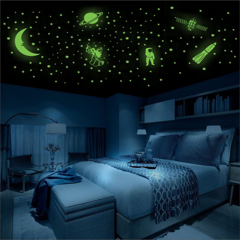 WallDaddy Vinyl Fluorescent Night Glow In The Dark Star Space Wall Self-Adhesive Sticker (Pack Of 134 Stars Big And Small, Green, 12)