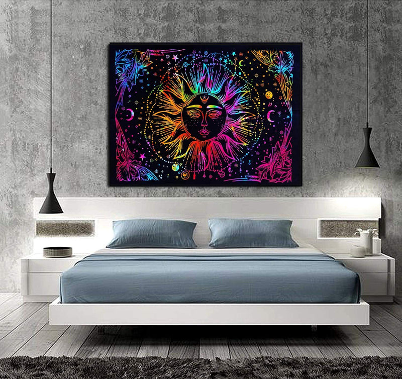 Doraya Psychedelic One Face Sun Tie Dye Mandala Tapestry Hippie Hippy Celestial Wall Hanging Indian Bohemian Tapestries (Multicolour, Twin (84x54 Inches))