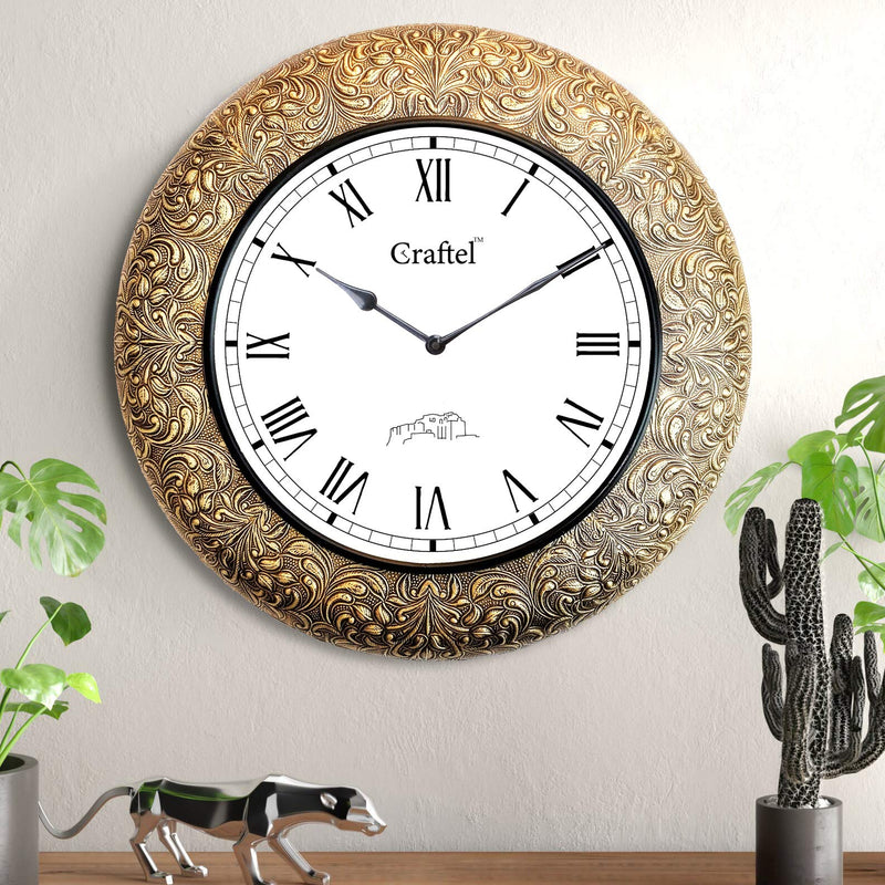 CRAFTEL Brass Embossed Roman Dial Clock Antique Desgin Wall Clock for Bedroom Living Room Home (Gold, 18 Inch X 18 Inch)