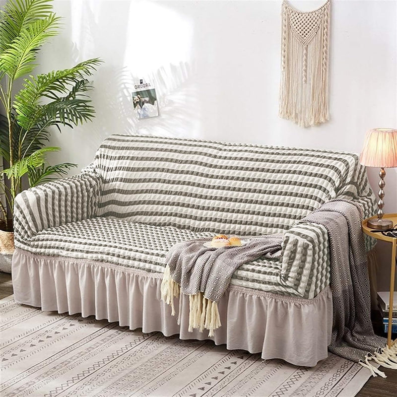 House of Quirk Turkish Bubble Frill 280 GSM Sofa Slipcovers, Durable Washable Universal Triple Seater High Elastic Furniture Protector (Grey Stripe, 185-230cm)