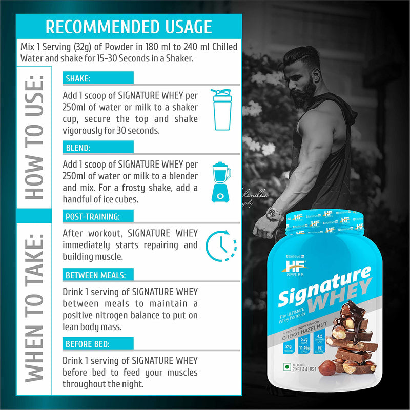 HF Series Signature Whey Protein Powder|62 servings|Build Lean and Bigger Muscle|2Kg|Flavour-Choco Hazelnut