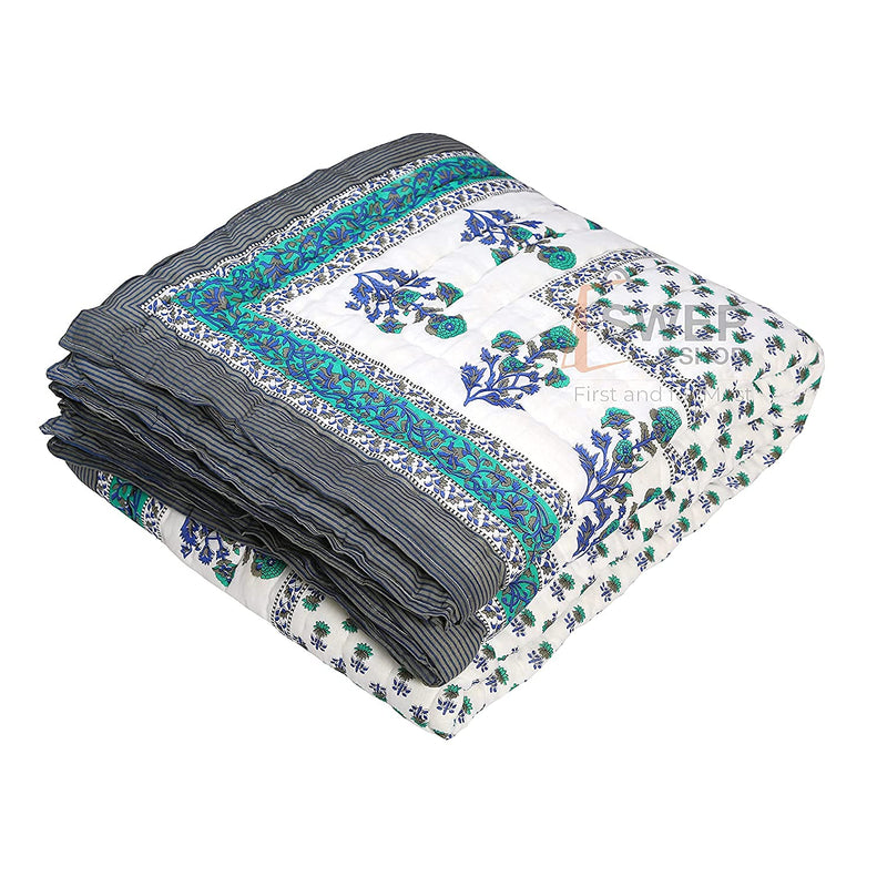 Hopee Shop- 210 TC Cotton Jaipuri Floral Print Double Bed Light Weight Rajasthani Traditional Razai (Blue White, King)