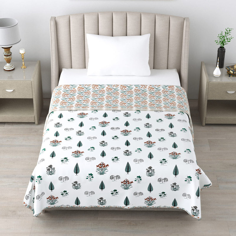 SPSON'S HANDLOOM Provide Pure Cotton Reversible Dohar Single Bed Size | AC Blanket Comforter | Soft Light-Weight Bed Blanket (60 x 90 inch, Green White Leaves, Pack of 2)