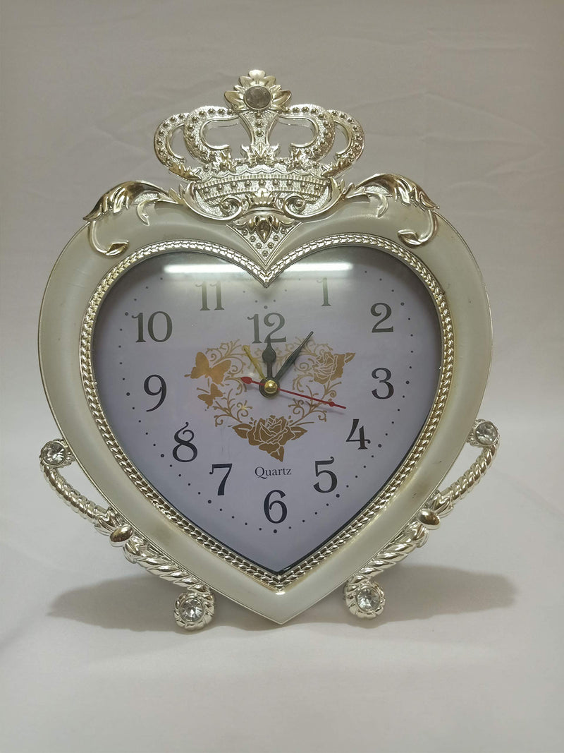 Sri Sainath Enterprises Heart Shape / Crown Design Table Clock / Silver Colour Table Clock with ALARAM / Size:- 9 in Height, 7 in Width.