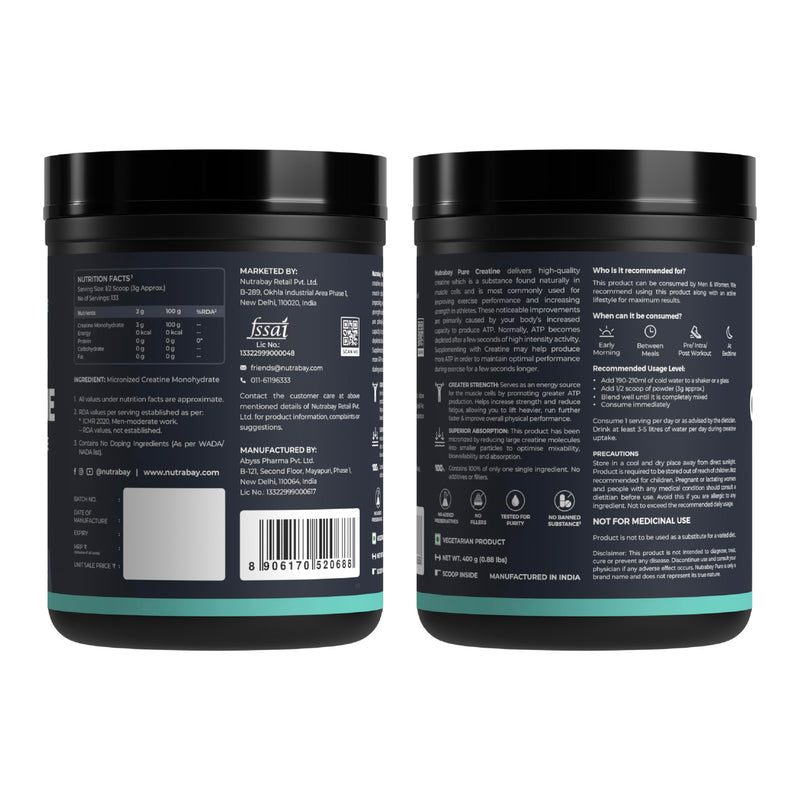 Nutrabay Pure Micronised Creatine Monohydrate - 400g, Unflavoured | Pre/Post Workout Supplement for Muscle Repair & Recovery | Supports Athletic Performance & Power