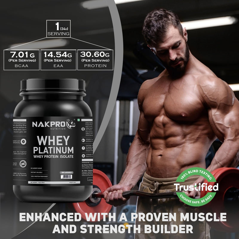 NAKPRO Platinum Whey Protein Isolate - JAR | 30.6g Protein, 7g BCAA | Easy Digesting Whey Protein Supplement Powder (1 Kg, Unflavoured)