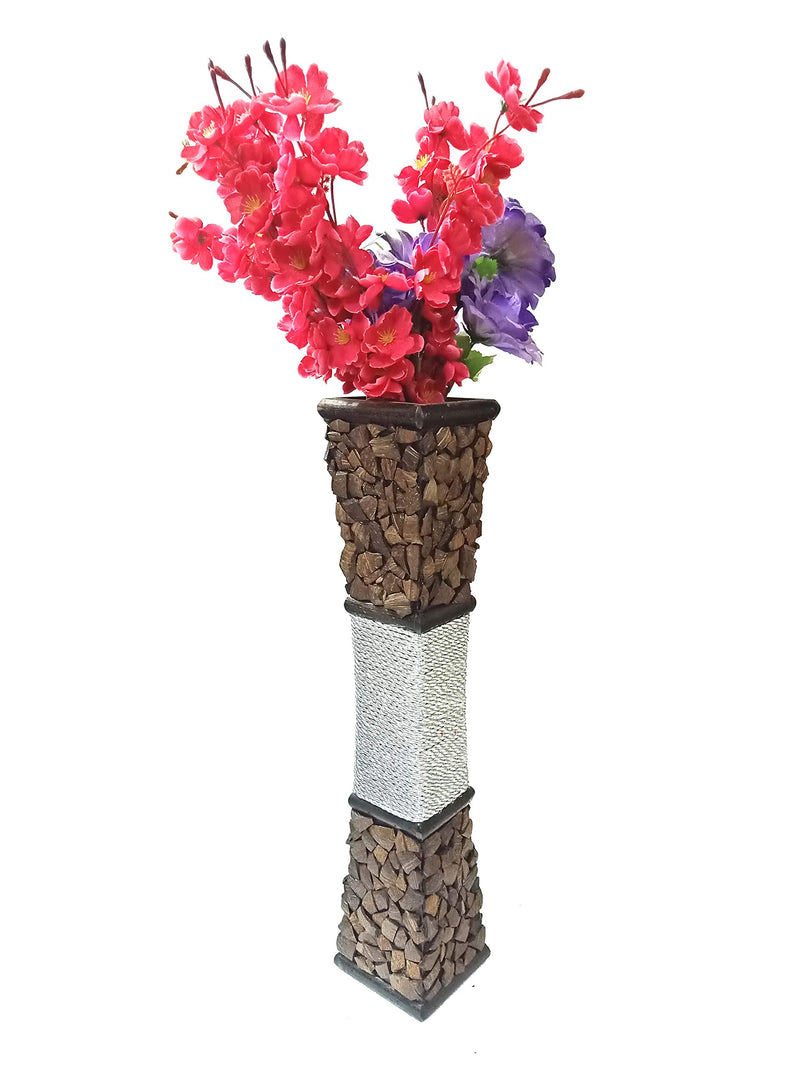 Spanglers Floor Wooden Flower Vase with Coconut Shell Chips and Silver Strip.