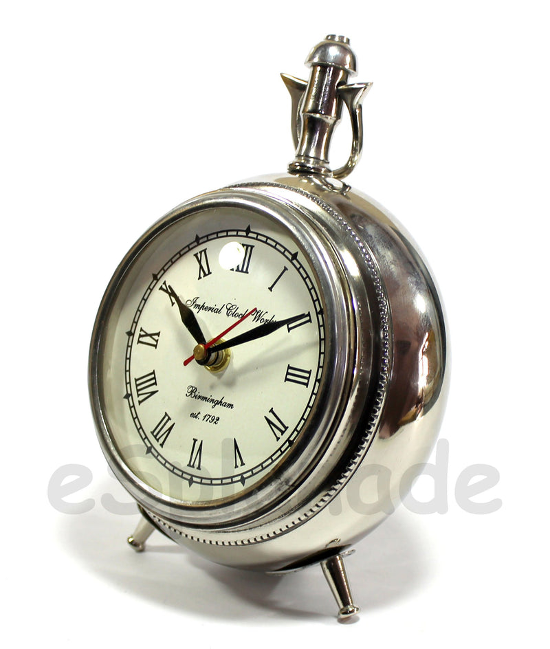 ESPLANADE European Style Vintage Clock Table Desk Shelf Clock - Metal - Chrome Finish - 7" Inches