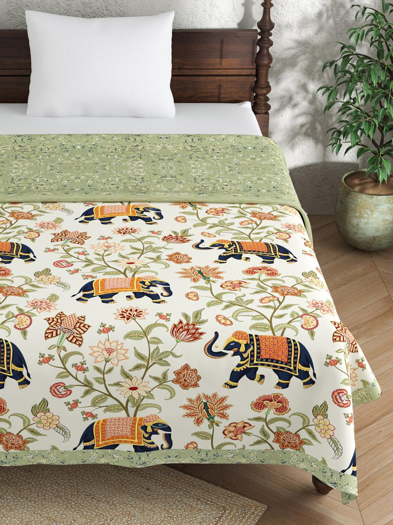 EVER HOME Digital Print Reversible AC Dohar Single Bed Cotton for Summer 120 GSM, Mild Winter Blanket, Green Elephant Print 59 x 88 inches